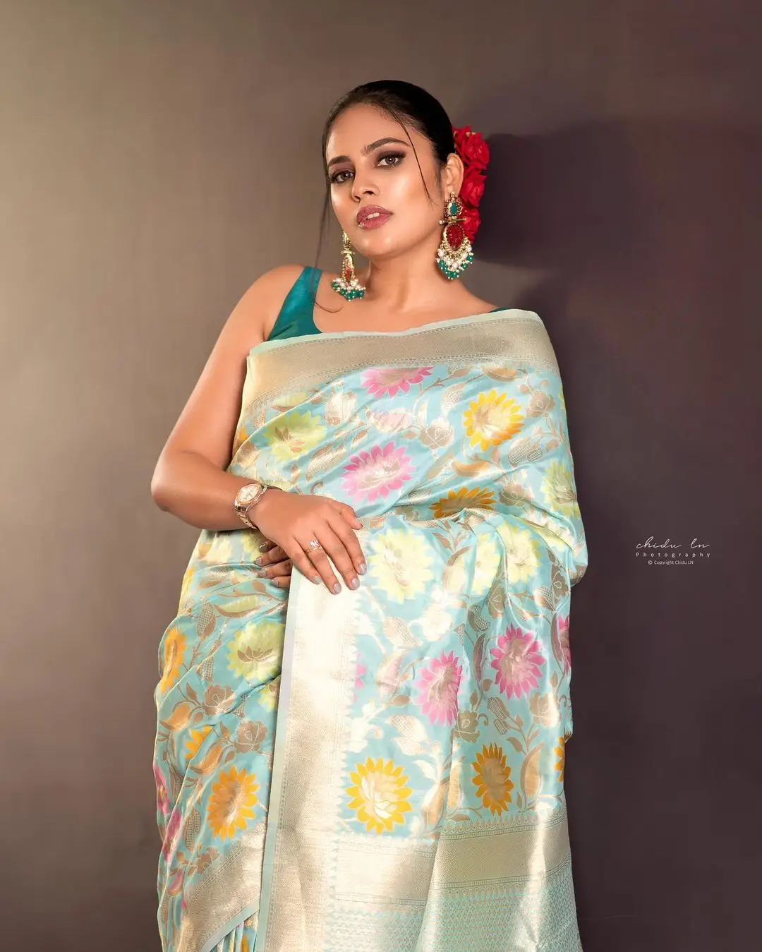 Nandita Swetha in Traditional Green Saree Sleeveless Blouse